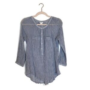 Club Monaco Crinkle Semi-Sheer Top Sz XS Cotton Striped 3/4 Sleeve Beach Coastal